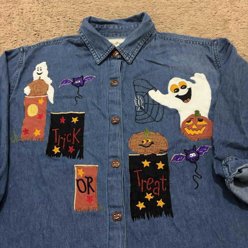 Tantrums Halloween Denim 3/4 Sleeve Size 2X Trick Or Treat Ghosts Vintage - Picture 2 of 8
